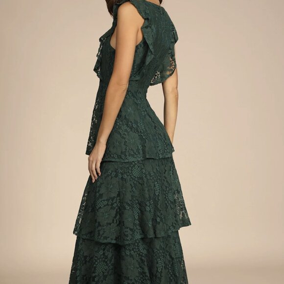 NWT Lulus Molinetto Forest Green Lace Ruffled Tiered Sleeveless Maxi Dress - Picture 4 of 8
